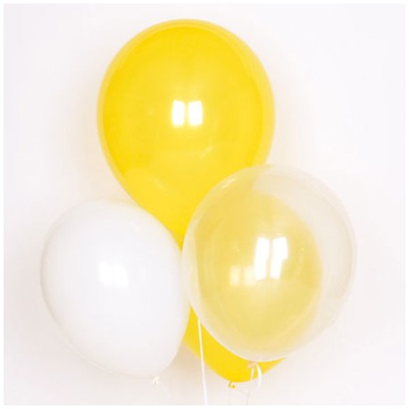 ballons trios jaune, blanc, transparent.